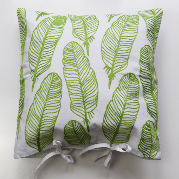 Green Feathers on white, Embroidered Cushion Cover 16" x 16"