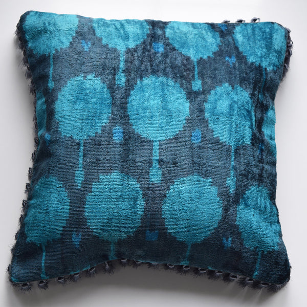 Grey and Blue Velvet Silk Ikat Cushion Cover