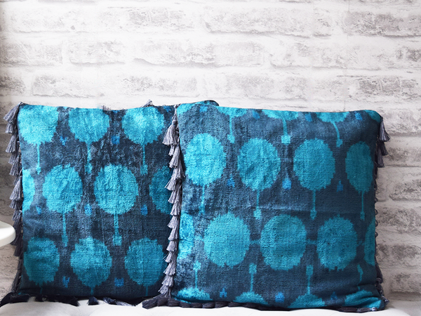Grey and Blue Velvet Silk Ikat Cushion Covers