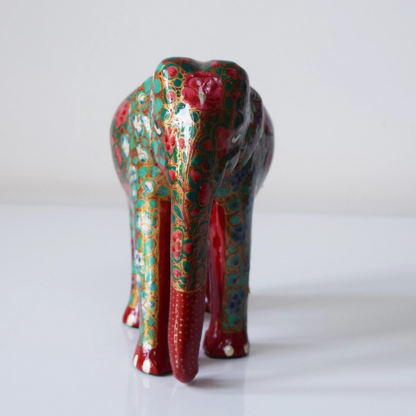 Red Paper Mache Elephant with multicoloured floral motifs- front view