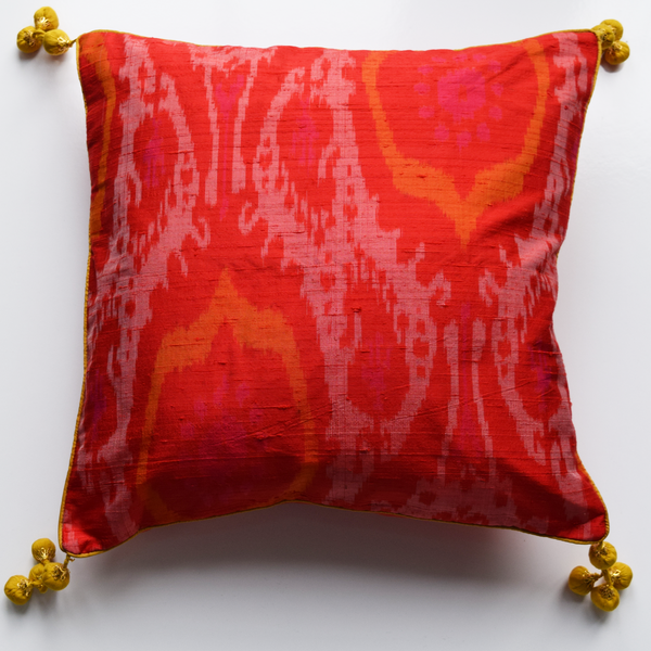 Gulmohar, Orange Raw Silk Ikat Cushion Cover