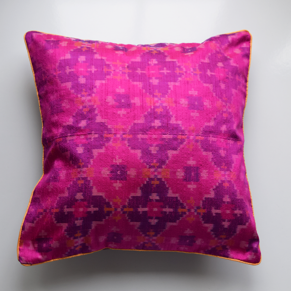 Gulabi Pink Silk IKat Cushion Cover on white background