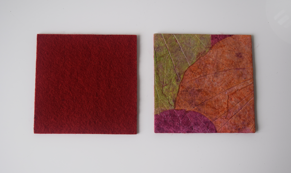 pink, green and purple coasters - with red felt backing