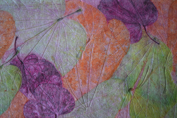 pink, green and purple handmade paper tablemat -leaf details