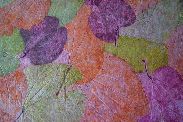 pink, green and purple handmade paper tablemat -leaf details