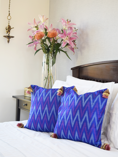 Blue and Purple Silk Ikat Cushion Covers in zig-zag pattern