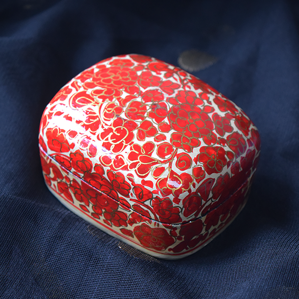 Cream, Red and Gold Floral Paper Mache Box (Small)