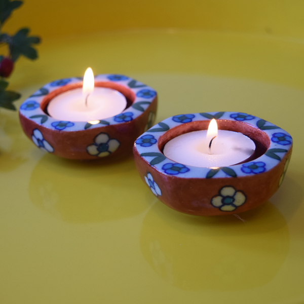 terracotta and blue small tealight holders - side view