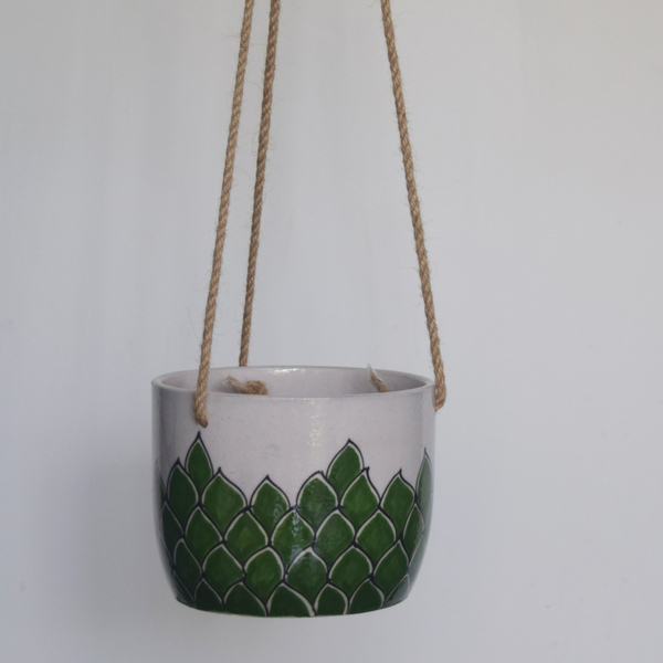 Phool, green and white floral patterned hanging planter
