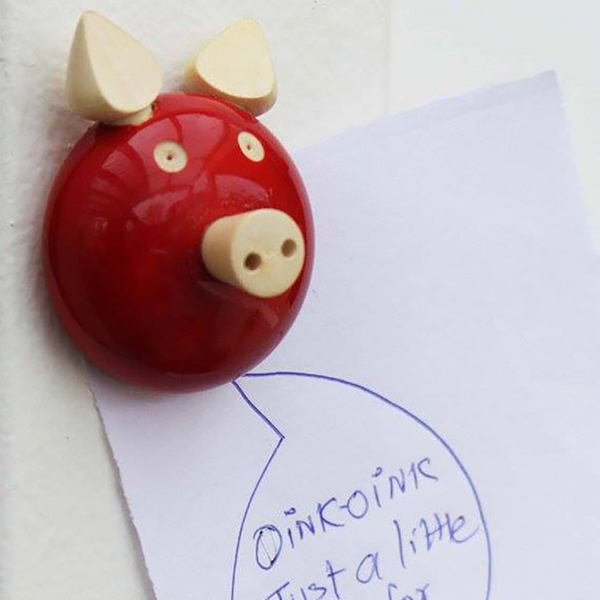 red wooden pig fridge magnet