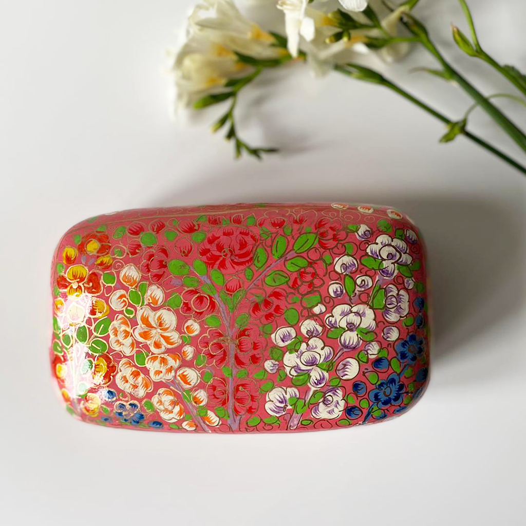 Peach floral Paper mache box with white, blue flower patterns