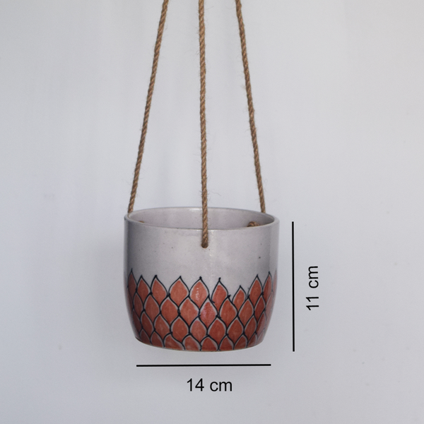 Phool, terracotta and white floral patterned hanging planter with measurements