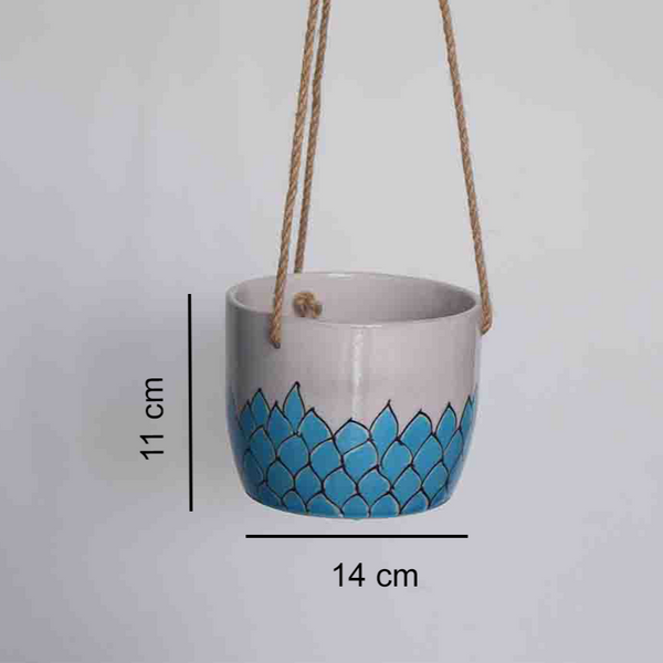 Phool, turquoise and white floral patterned hanging planter -with measurements