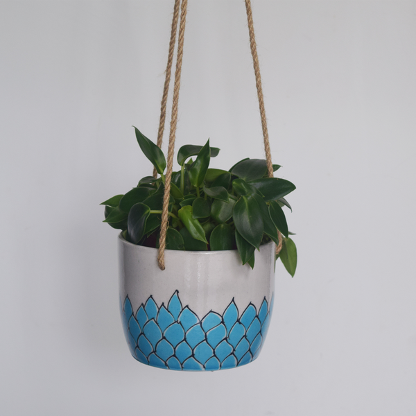 Phool, turquoise and white floral patterned hanging planter- with plant