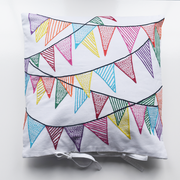 Colourful Bunting on White, Embroidered Cushion Cover 16" x 16"