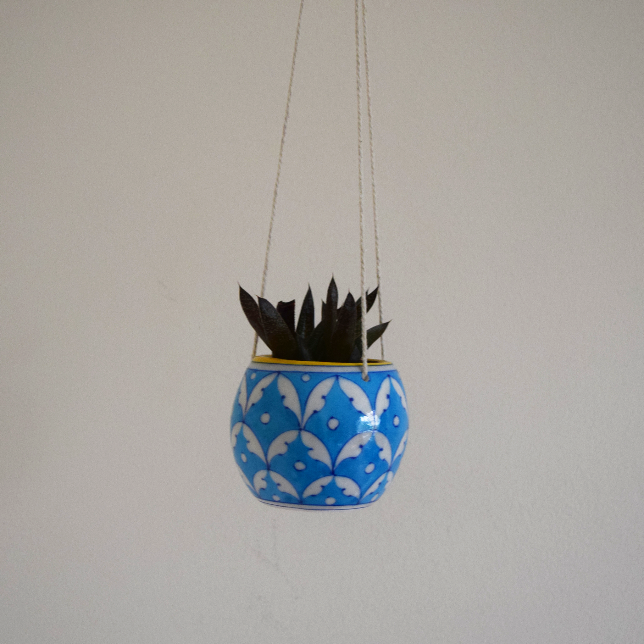 Turquoise and Yellow border Mini Hanging Pot