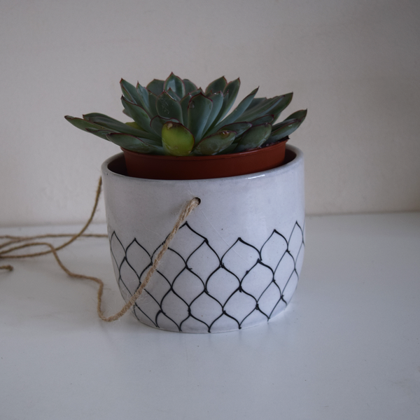 Black and White floral patterned hanging planter