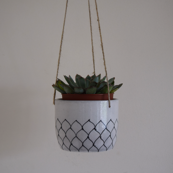 Black and White floral patterned hanging planter