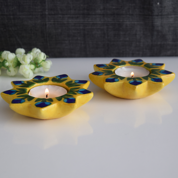 Big Yellow Diyas/Tealight holders, Painted With Blue and Turquoise Flowers