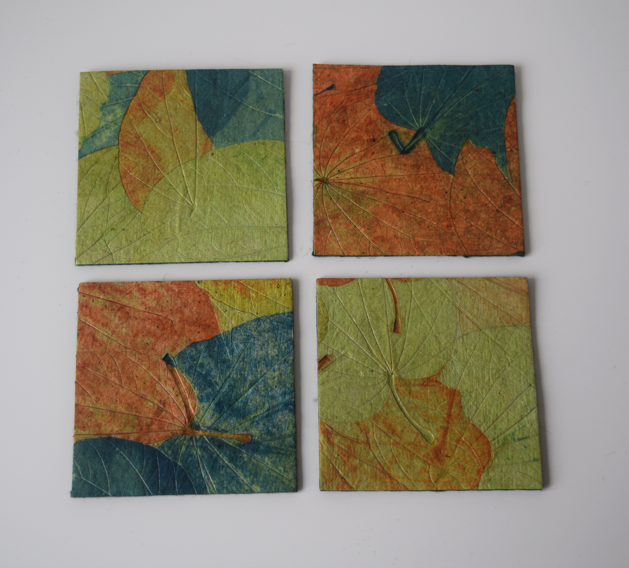 Blue, green and orange handmade paper coasters-set of 4 or 6