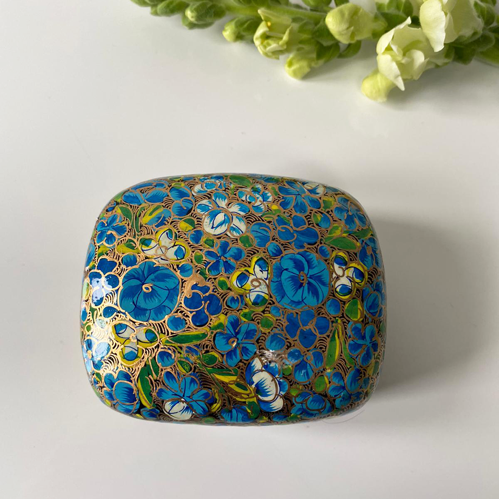 Blue and Green Floral Paper Mache Box- top view