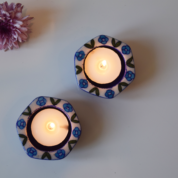 Blue and white tealight holder-top view