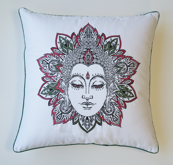 Embroidered Buddha cushion with red and green embroidery