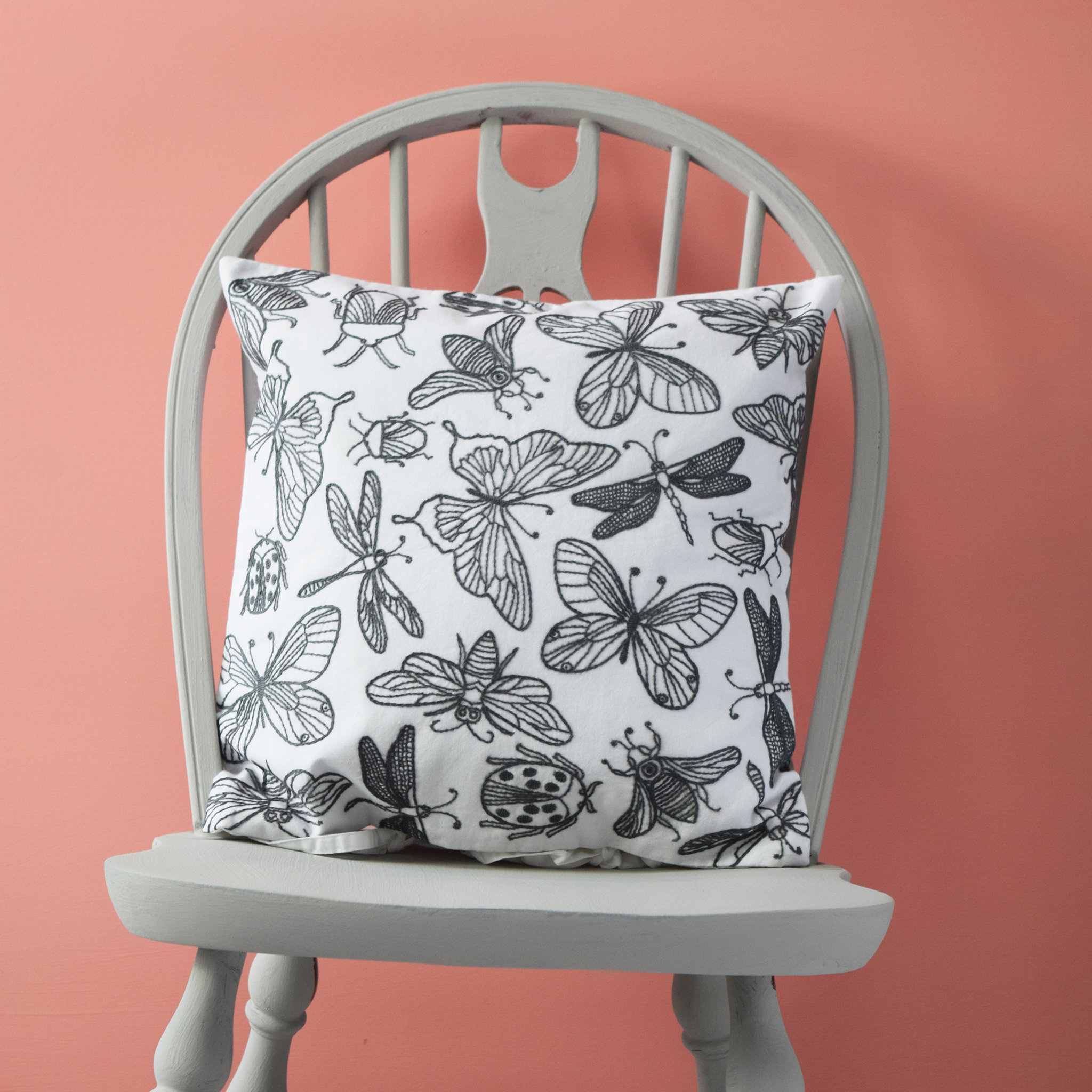 Bugs and Butterflies, Embroidered Cushion Cover 16" x 16"