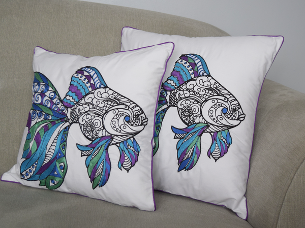 Pair of Fish cushion covers in mandala pattern with blue, purple and green embroidery