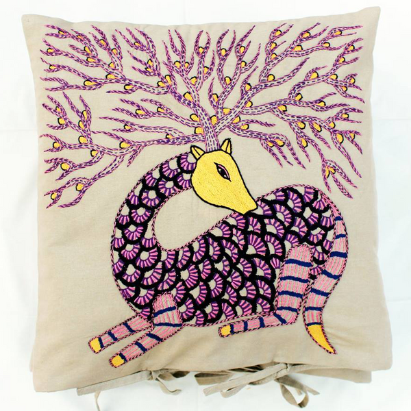 Gond Deer, Embroidered Cushion Cover 16" x 16"