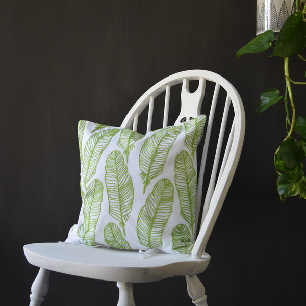 Green Feathers, Embroidered Cushion Cover 16" x 16"