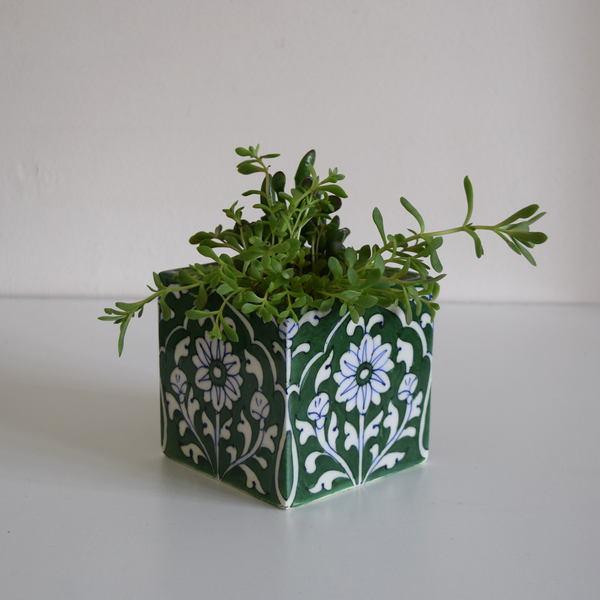 Green and White Floral Succulent Planter