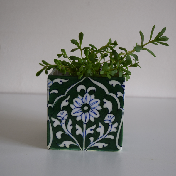 Green and White Floral Succulent Planter