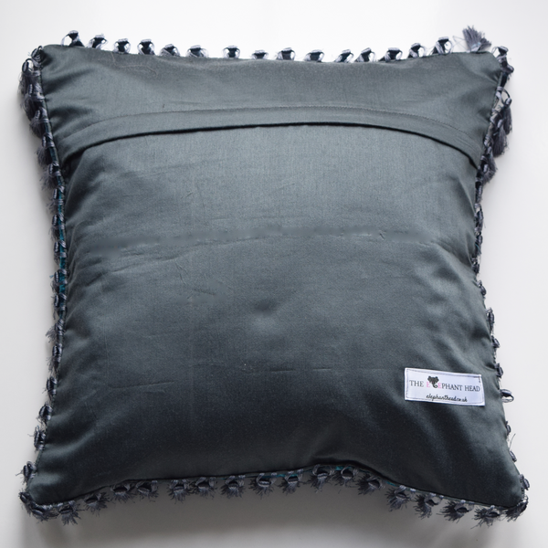 Grey and Blue Velvet Silk Ikat Cushion Cover grey backing