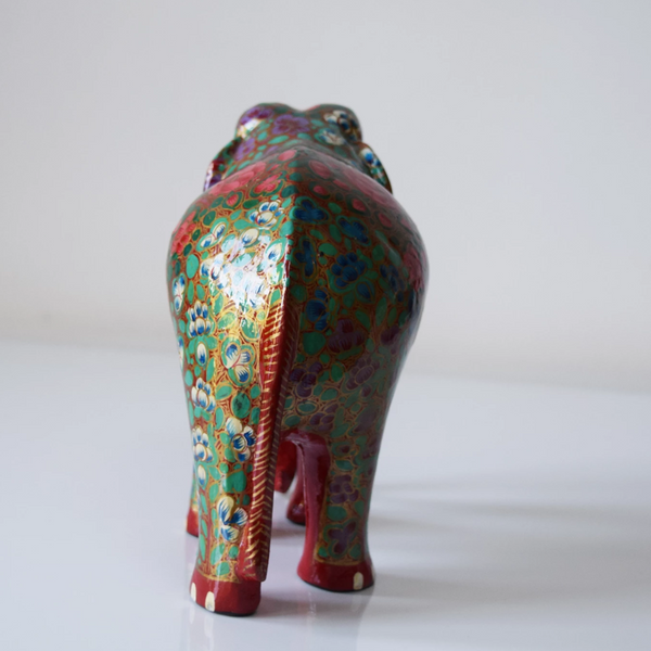 Red Paper Mache Elephant with multicoloured floral motifs- backview