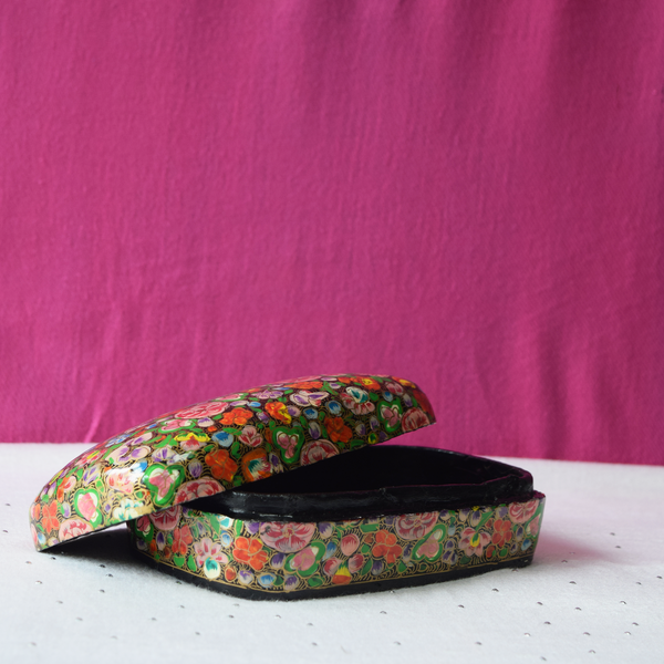 Multicoloured floral paper mache box- open