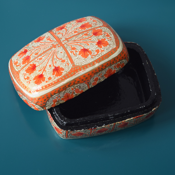White and Orange Floral Paper Mache Box with black interior