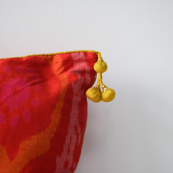 Gulmohar, Orange Raw Silk Ikat Cushion Covers, yellow tassel details