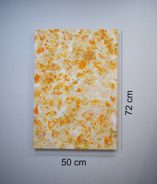 measurements of white poster with orange and yellow leaf imprints