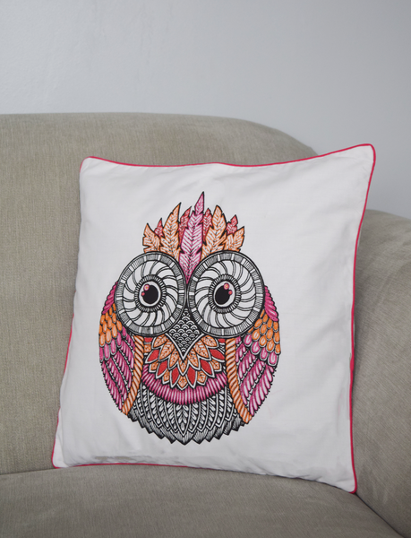 Owl cushion cover in pink and orange embroidery 