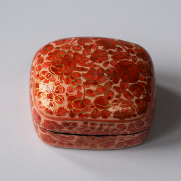 Peach, Red and Gold Floral Paper Mache Box on white background