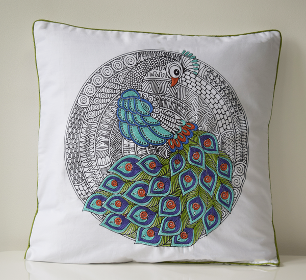 Emboidered peacock cushion cover in blue, green and rust embroidery