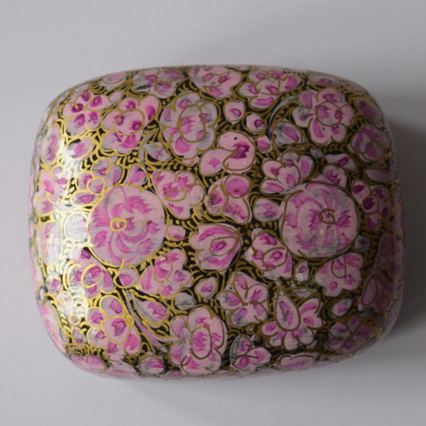 Pink, Black and Gold Floral Paper Mache Box -top view
