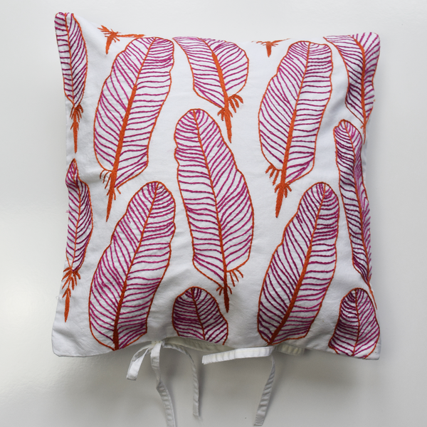 Pink & Orange Feathers, Embroidered Cushion Cover 16" x 16"