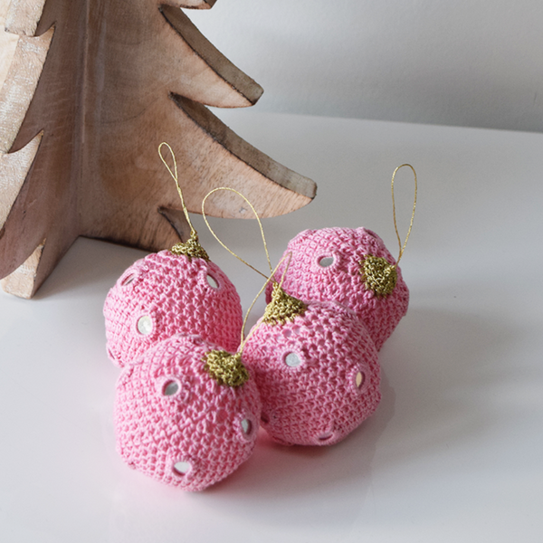 pink crochet Christmas Baubles