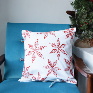 Poinsettia Embroidered Cushion Cover 16" x 16" on Blue Chair