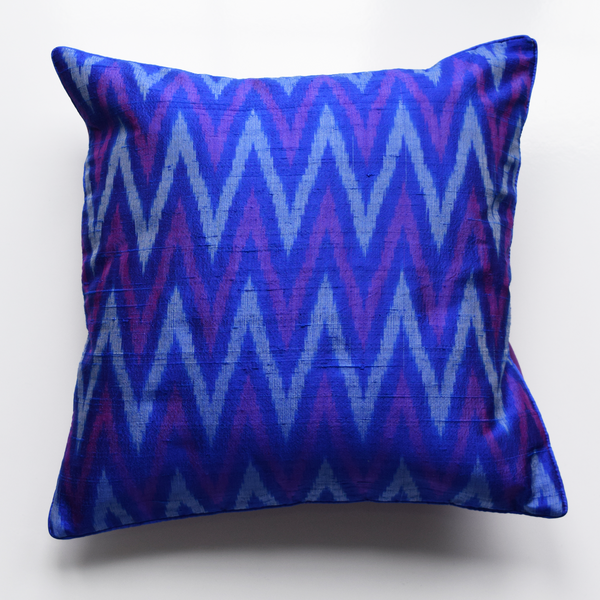 Blue and Purple Silk Ikat Cushion Cover on white background