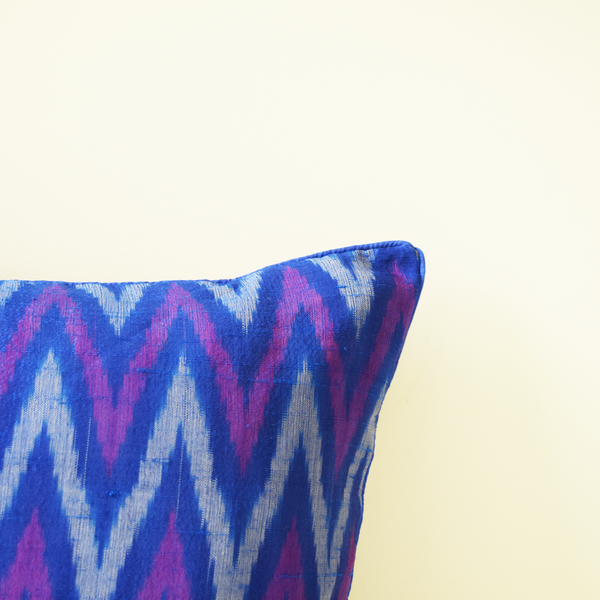 Blue and Purple Silk Ikat Cushion Cover Piped edging