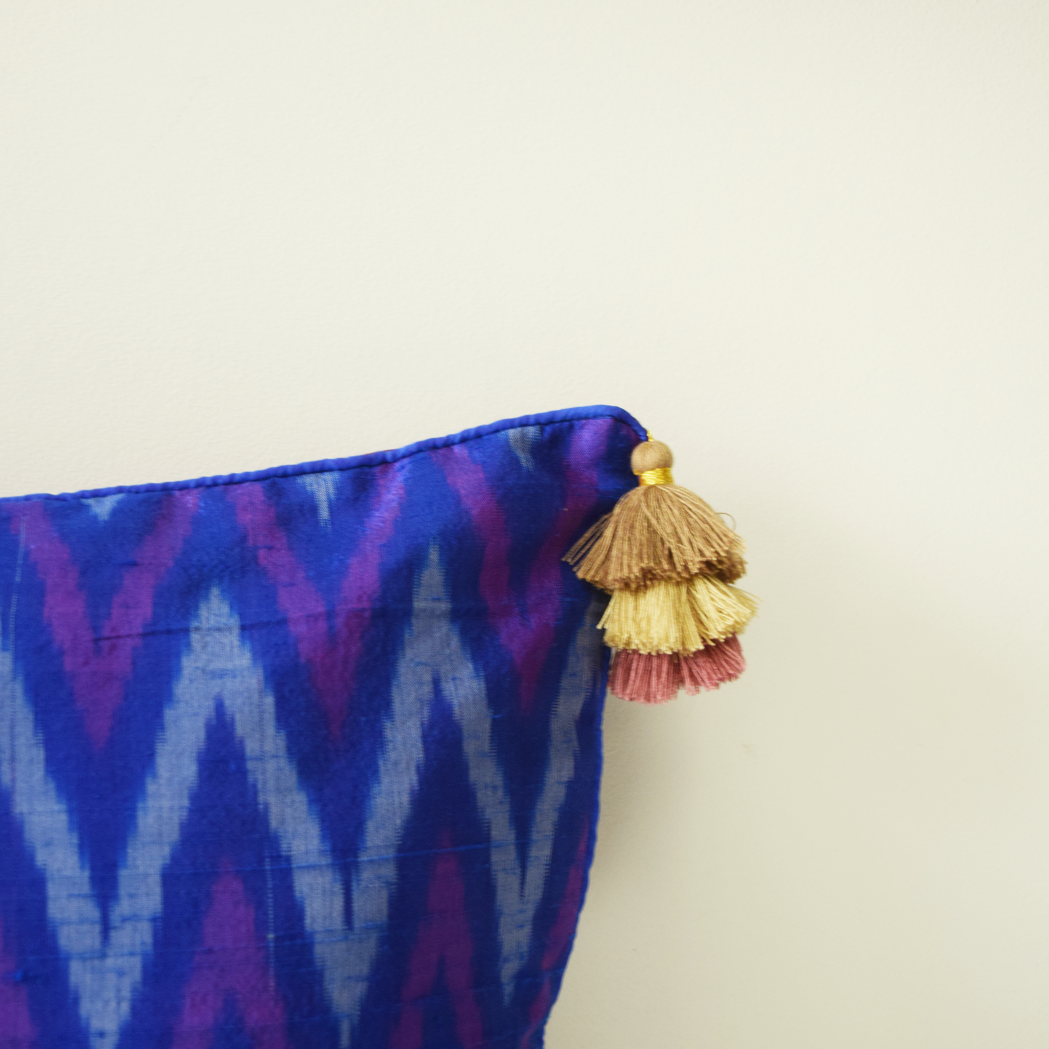 Blue and Purple Silk Ikat Cushion Cover with gold and pink 3 tier tassels