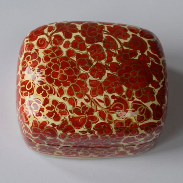 Cream, Red and Gold Floral Paper Mache Box on white background
